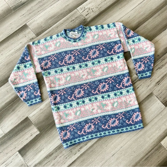 Vintage Sweaters - Vintage 1980s Private Eyes Adele Knit Pastel Fair Isle Oversized Sweater